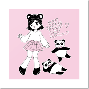 Cute girl with little pandas and love kanji Posters and Art